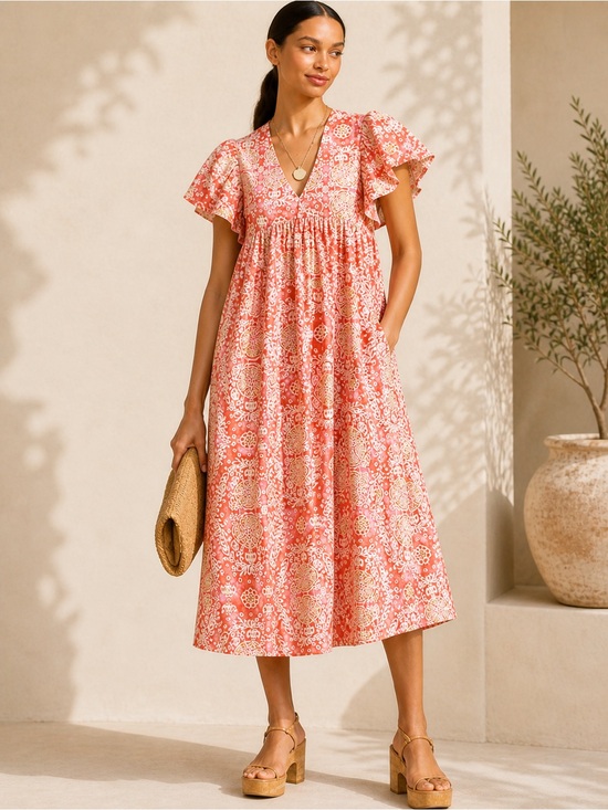 Maeve Dresses & Skirts - Anthro Maeve Coral Floral Babydoll Midi Dress L Cotton Pockets